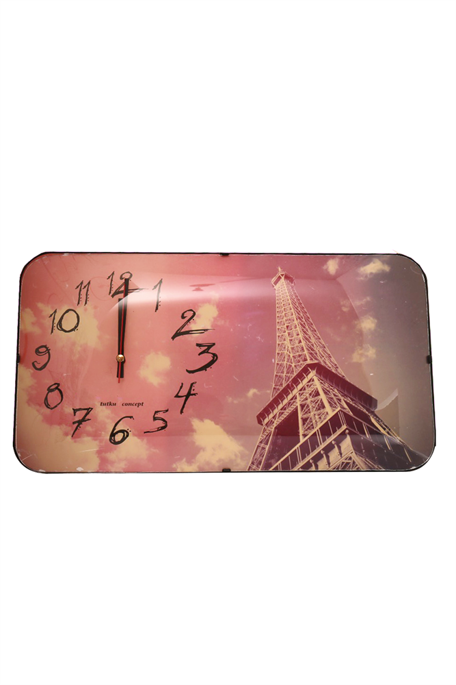 Bombeli Camlı Paris Eiffel Desenli Duvar Saati